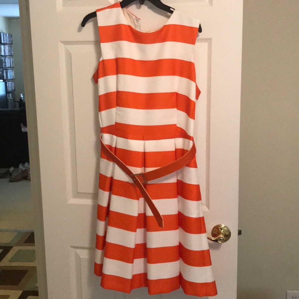 Leslie Fay Orange & White Striped Dress w Belt